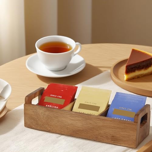 HTB 2 Pack Acacia Wood Small Tea Bag Box with 3 Compartments for Counter - color: Acaica Wood 2PCS
