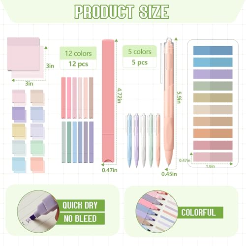 Jutom 39 Pcs Aesthetic Book Annotation Kit,Green,Kawaii Style - color: Green, style: Kawaii Style