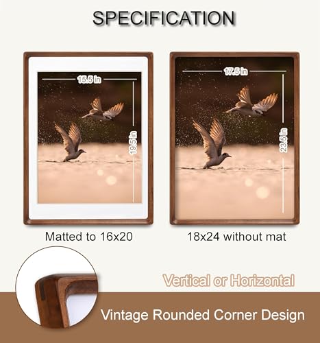 18x24 Picture Frame, USA-Sourced Natural Walnut Wood with Plexiglass, Handcrafted Rounded Corners, Matted to 16x20 Photo, Horizontal and Vertical Gallery Wall Poster Frame - color: Walnut, size: 18X24