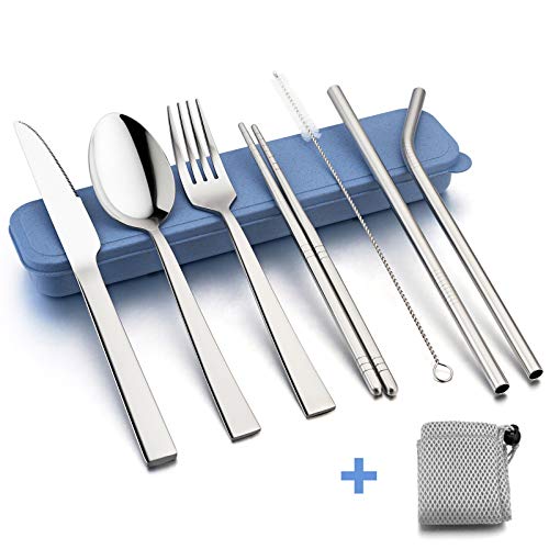 HaWare Portable Travel Utensils with Case, Stainless Steel Silverware Set for Camping Office School Lunch, Including Knife Fork Spoon Chopsticks, Reusable and Dishwasher Safe(Blue) - color: Blue Case