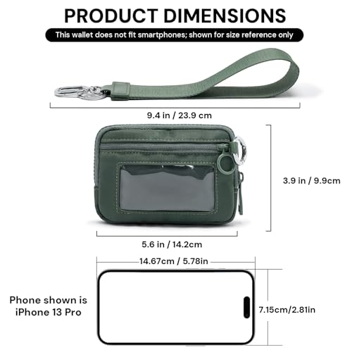 Wristlet Wallet for Women with Clear ID Window, Zip Coin Purse and Keychain - color: Green