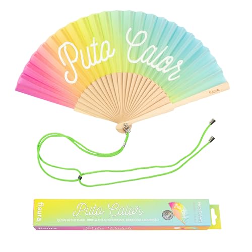 Fisura – Original Folding Fan with Message “P*to calor”. Rainbow Handheld folfing Fan for Women. Glows in the Dark. Fans for Wedding, Party, Birthday, Gift, Decorations. - color: Calor, Rainbow