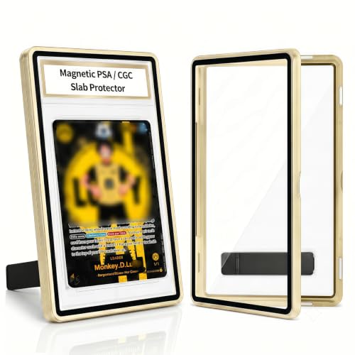 Magnetic PSA/CGC Slab Protector with Foldable Kickstand - UV Protection Tempered Glass & Aluminum Metal Bumper for 35PT PSA CGC CSG AGS, 9-Point Secure Lock Display Guard & Clear View (Gold) - color: Light Gold, size: PSA Card Case