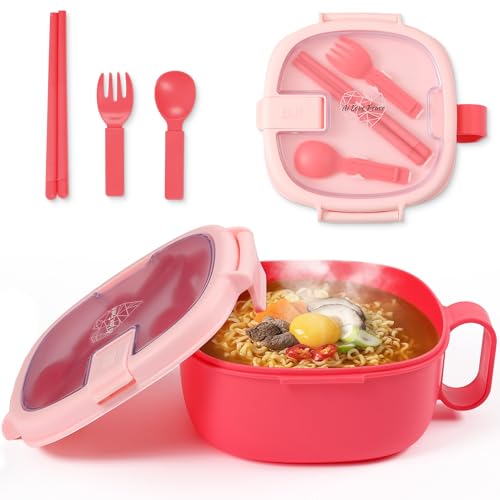 Microwave Ramen Bowl with Lid,Built-In Utensils,Leakproof, BPA-Free,Pink. - color: Bright Pink, size: 50 oz (Single Bowl)