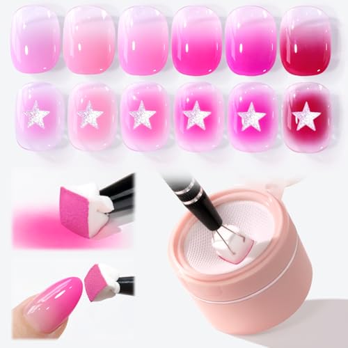 Double Rhythm Painting Gel Polish Set for Nail Art Palette Patting Gel Polish 6 Colors with 100 Pcs Sponges and Grabbing Pen (Pink Rose Purple-T6-67) - color: Pink Rose Purple