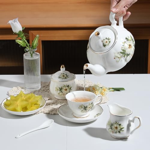Sweejar Porcelain Tea Set Vintage Floral, British Relief Gold Rim Teapot Cup and Saucer Sets, 22-Piece Tea Sets for Adults, with Teapot, Sugar Bowl, Milk Jug, Spoons, Cup and Saucer (Camellia) - color: Camellia