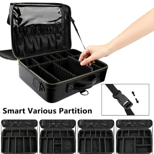 gzcz Large Capacity Travel Makeup Case Organizer,Professional Cosmetic Bags for Women,Waterproof PU Leather Makeup Bag with Adjustable Dividers and Shoulder Strap for Brushes and Jewelry - color: Black Crocodile Pattern, size: Large