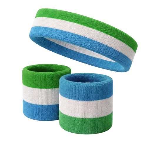 COUVER 3 Color Striped Sports Sweatband Set - color: Bright Green/White/Sky Blue