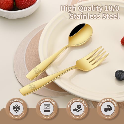 DEHOV Gold Toddler Eating Utensils Set,Set Of 12 Food Grade Stainless Steel Silverware Sets For Kids,Dishwasher Safe Children Small Metal Spoons And Forks Flatware Sets - color: Gold