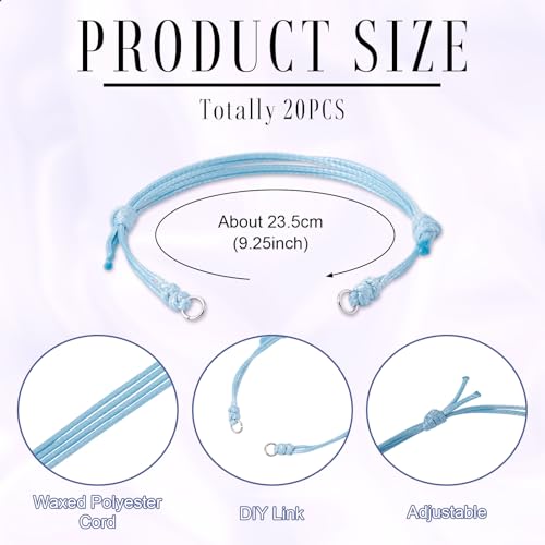 20Pcs Cyan Adjustable Braided Cord Colorful Waxed Thread Half Finished Bracelet with Jump Rings for Wrist DIY Women Jewelry Making Friendship Fashion Bangle Accessory - color: Cyan