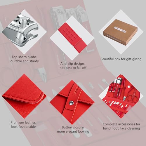 Manicure Set Professional Nail Clippers Pedicure Kit,16 pcs Stainless Steel - color: Red