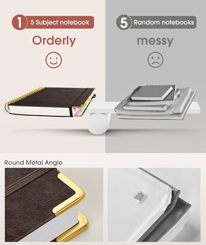 Hardcover Spiral Notebook Journal with Removable Dividers Tabs, 300 Pages Leather 5 Subject Notebook College Ruled, 8"x10" Large B5 Notebooks for Work School Note taking, Lined Journal for Women,Brown - color: Brown, size: 8"x10"