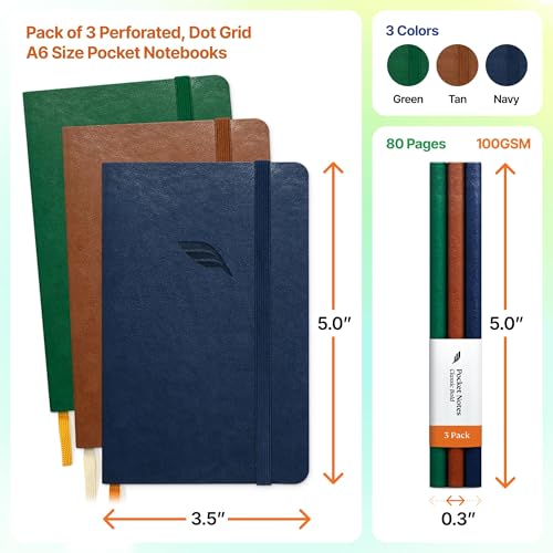 Roterunner A6 Pocket Notebook (Bold Classic) 3 Pack 3.5x5.5 Dotted Mini Notebook Journal 100Gsm Perforated Paper, Work Gym Travel Journal Notebook, Leather Small Notebook Numbered with Notes Index - color: Bold Classic