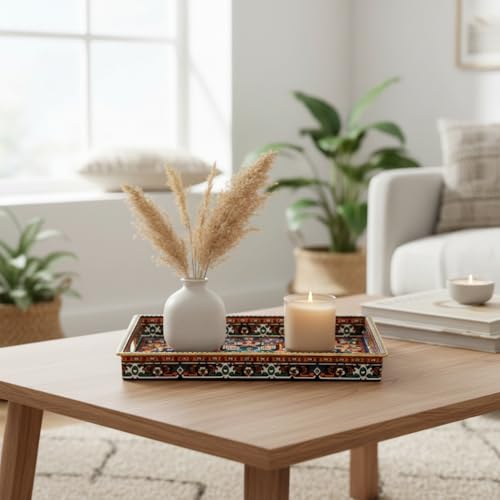 Boho Persian Rug Pattern Serving Tray with Handles, 15.7”x11.8” Rectangular Plastic Decorative Tray (Vintage Blue/Orange/Green) for Coffee Table, Ottoman, Bathroom & Living Room. - color: Brown&blue