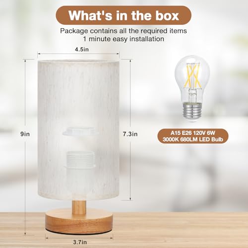 Fenmzee 9" Small Table Lamp for Bedroom - Inline Control with 3000K Bulb - color: Cream Shade - Wood Base