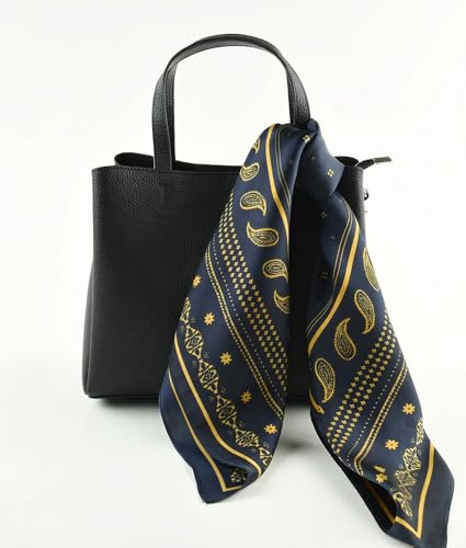 corciova Women’s Square Scarf 27.5 in (70 x 70 cm), Satin-Feel Polyester, Lightweight Fashion Scarf for Hair, Neck and Bag - color: Paisley Border (Navy Blue and Gold)