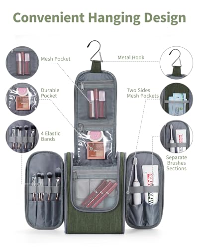 Narwey Hanging Travel Toiletry Bag for Women, Cosmetic Makeup Bag - color: AF-Army Green, size: Medium