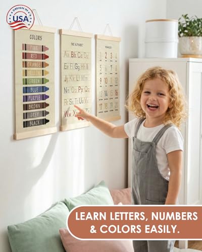 Forzacx Toddler Learning Posters 3-Pack 12x16 Inch, Wall Decor for Playroom & Nursery, Interactive Learning Posters with ABC, Numbers & Colors, Fun Classroom Decorations