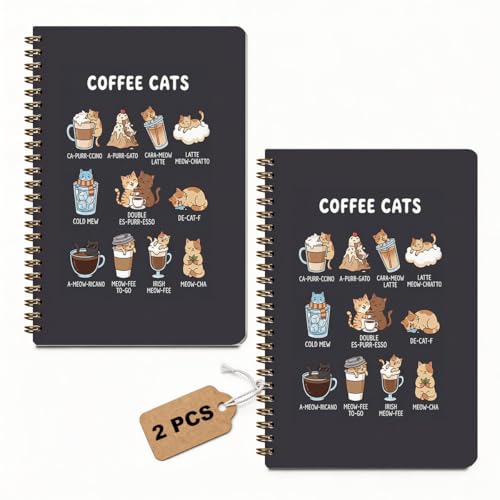2 Pcs Funny Coffee Cat A5 Spiral Notebook Journal Cute Cats Gifts for Women - color: Multicolour 0181