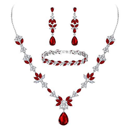 BriLove Wedding Jewelry Set for Women, Y-Necklace Tennis Bracelet Dangle Earrings with AAA Cubic Zirconia Teardrop for Bridal Bridesmaid - color: Ruby Color Silver-Tone
