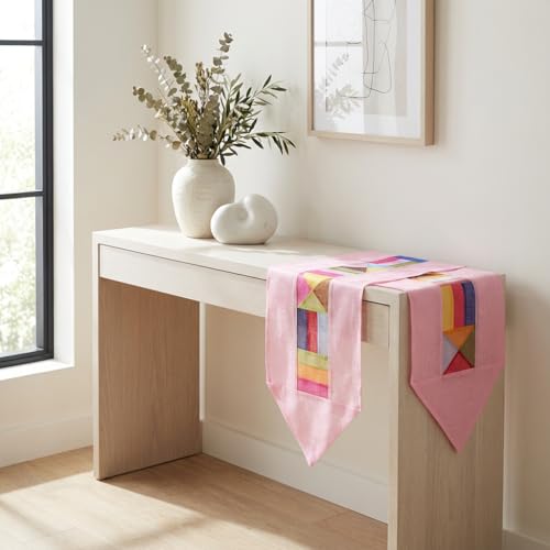 Korean Table Runner, Ramie Bojagi Patchwork, Pastel Pink, 79 in - color: Pastel Pink