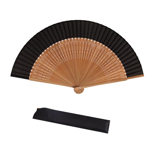 Fumwase Small Hand Held Fan for Women Foldable Chinese Japanese Vintage Bamboo Silk Fan for Wedding Dancing Decoration Performance (Black)