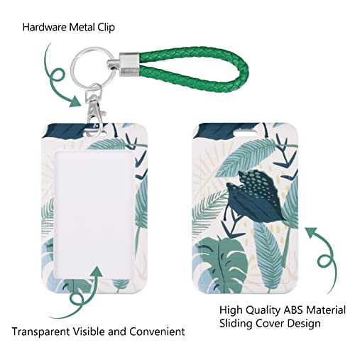 ID Card Badge Holder Key Chain with Metal Keyring, Plastic Slide Open with ID Window for Women Men Girls Students,Green Plant - color: Green Plant