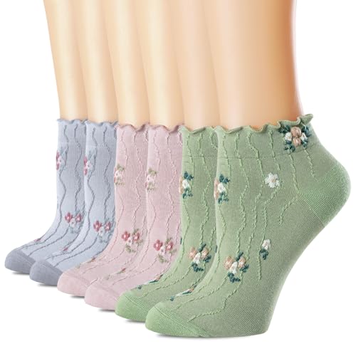 Women‘s Ruffle Ankle Socks,Vintage Patterned,Short Casual Dress Sock,Cute Princess Lettuce Floral Socks 6 Pack - color: 6pairs(pink,cream White,green)