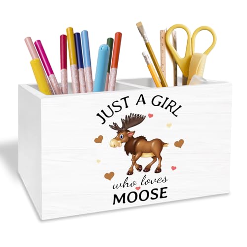 Moose Gifts Pen Holder for Desk, Deer Lover Gifts Pencil Organizer, Just a Girl Who Loves Moose Wooden Box Sign Desk Decor for Home Office Decoration - color: MOOSE