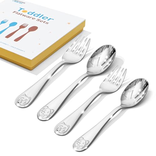 KINGSTONE 4 Pcs Toddler Utensils Gift Set, 18/10 Stainless Steel, Cat & Dog - color: Cat & Dog, size: 4-Piece (Large & Small)