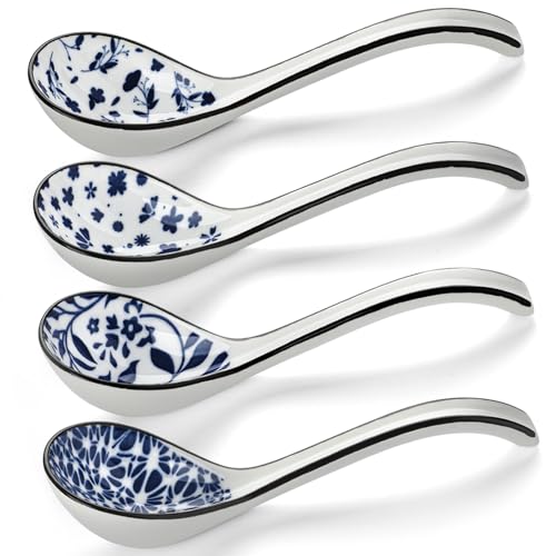 Ceramic Asian Soup Spoons Set 4 Chinese Soup Spoon, 6.3 Inch Ramen Spoons