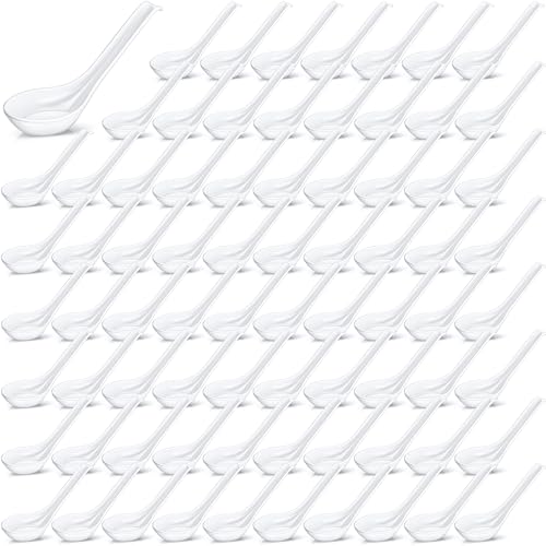 Hushee 100 Pcs Asian Soup Spoon Large Chinese Noodle Ramen Reusable Japanese Pho Spoon Bulk with Hook for Home Restaurant - style: Minimalist
