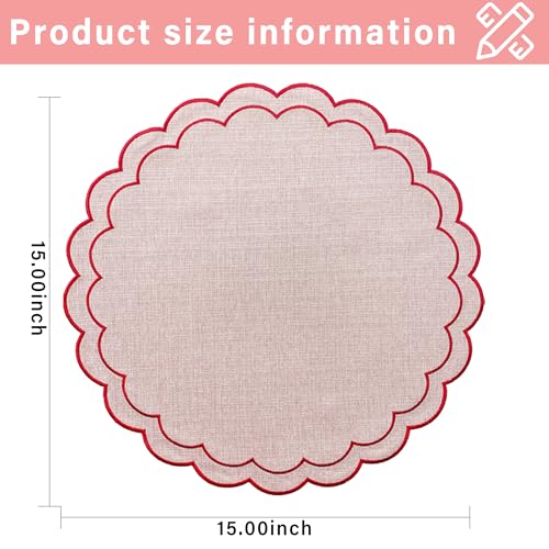 Linen Cotton Placemats Set of 4 Scalloped Flower Embroidery Place Mats 15'' Natural Linen Texture Fabric Machine Washable Table Mats for Restaurant Kitchen,Table Decor(Powder Pink) - color: Powder Pink