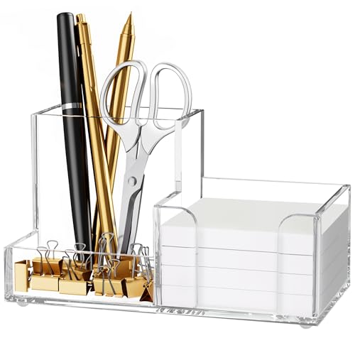 HBlife Acrylic Pen Holder for Desk, 3-Compartment Small Desk Organizer, Clear Office Supplies Desk Accessories with Sticky Notes Holder Stores Post It Notes 3X3 for Office, Home and School - color: Clear, size: 6.35”x 3.35” x 3.6”