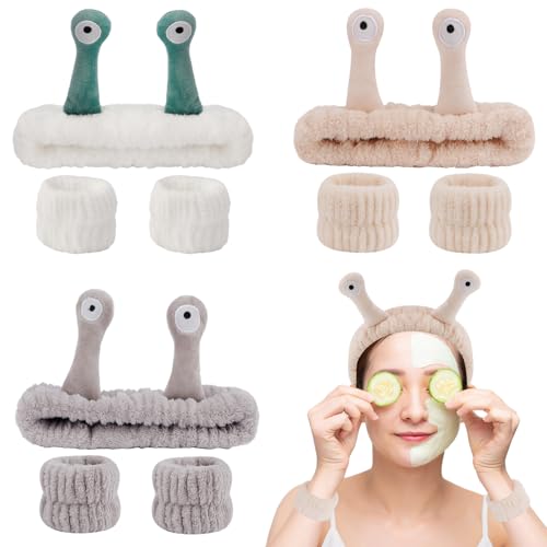 SuPoo Snail Headband and Wristband Set - Alien Puffy Wrist Bands for Women - Makeup Head Band - Preppy Teen Girl Gifts - Trendy Hair Accessories - color: 3pcs-brown
