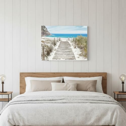 Beach Canvas Wall Art Bedroom: Modern Large Ocean Scene Seascape Picture Decor Scenic Coastal Boardwalk Blue Sea Artwork Contemporary Panoramic Seaside Wave Nature Landscape Prints for Home Living - color: Boardwalk, size: 36"L x 24"W
