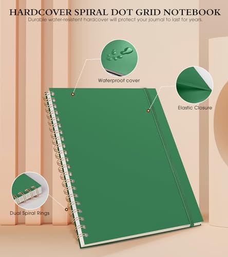 Dotted Notebook, Spiral Notebook Journal 8.5” x 11”, A4 Large Dot Grid Notebooks for Women Men, 100 GSM Dotted Paper, Plastic Hardcover Spiral Bullet Journals for Work School Sketching, Green - color: Green, size: Dotted
