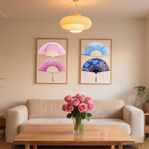 4 PCS Handheld Floral Folding Fans Foldable Silk Bamboo Fan