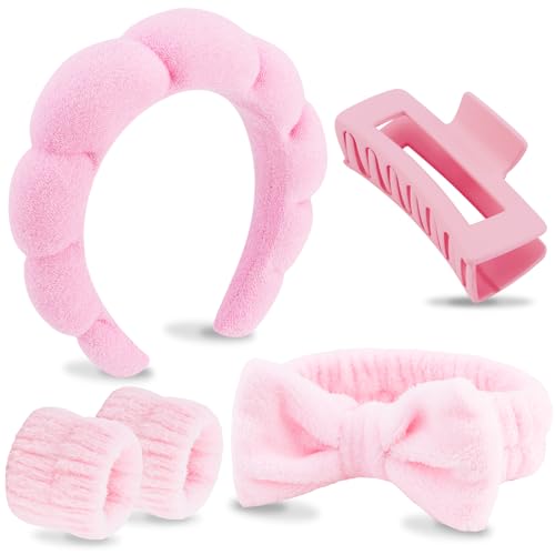 VELSCRUN Spa Headbands for Wash Face, Makeup Headband, Facial Skincare Headbands, 5 Pcs Pink Puffy Sponge Spa Headband Bow Tie Hair Band Hair Clips Wristband Set Women Girls Accessories - color: Pink