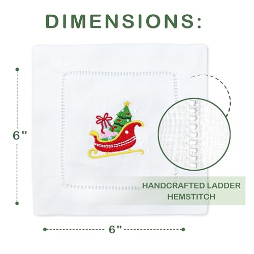 100% Linen Cocktail Napkins with Eembroidery Christmas Sleigh 6 Pack Cloth Coaster for Xmas Parties Kitchen Coffee Bar Gift Ladder Hemstitch Snowy Sleighride Square Fabric Napkins (6"x6") - color: Sleigh