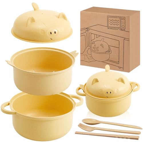 1 Set Large 45oz Cute Pig Ramen Bowl Set Microwavable Cooker, Yellow - color: Yellow