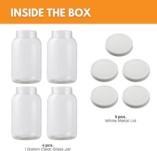 1 Gallon Glass Jar with Lid | 4-Pack Wide Mouth Set with 5 Metal Caps - size: 4 Pack