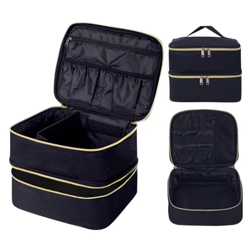 Double Layer Makeup Bag with Adjustable Dividers, Black - color: Black