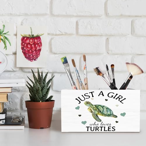 Coastal Beach Sea Turtle Pen Holder for Desk, Gifts for Turtle Lovers Pencil Organizer, Just a Girl Who Loves Turtles Wooden Box Sign Desk Decor for Home Office Decoration - color: TURTLES