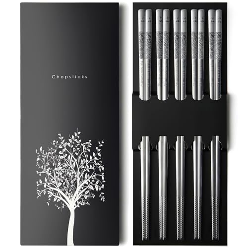 IQCWOOD 18/10 Stainless Steel Chopsticks, 5 Pairs, Silver - color: Auspicious Cloud Pattern