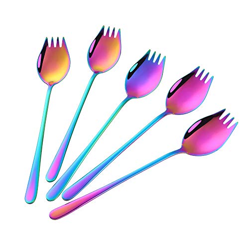 Buyer Star Rainbow Sporks 2 in 1 Spoons Forks 5 Pieces Stainless Steel Reusable Metal Korean Soup Dinner Spoons Camping Flatware - color: Rainbow