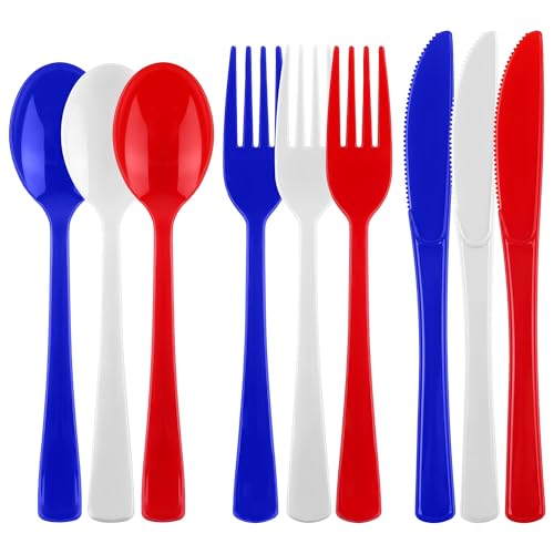Kochorie 300 Pieces 4th of July Plastic Silverware, Heavy Duty Independence Day Cutlery Set, Disposable Plastic Utensils Includes Spoons Forks Knives for Memorial Day Veterans Day, Red Blue White - color: Red, Blue, White