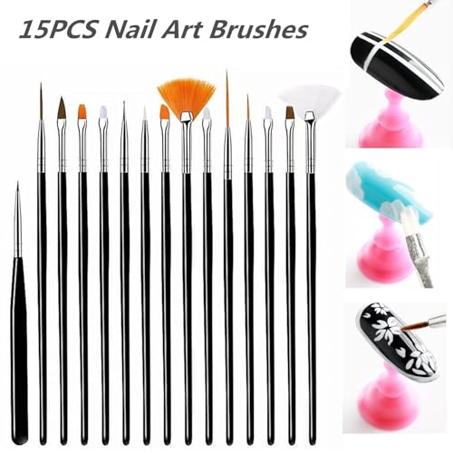 FULINJOY 20PCS Nail Art Design Tools - 15PCS Nail Art Painting Brushes (Black) with 5PCS Double-end Nail Dotting Pens