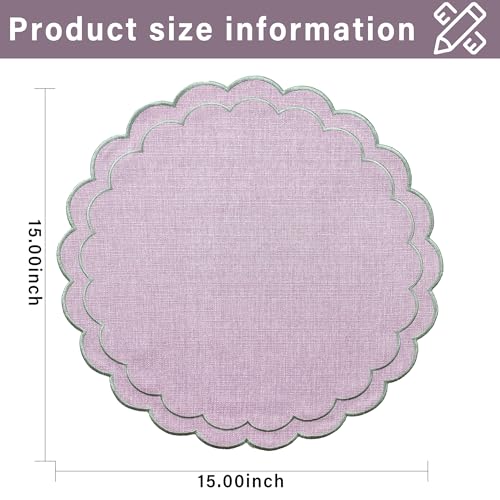 Linen Cotton Placemats Set of 4 Scalloped Flower Embroidery Place Mats 15'' Natural Linen Texture Fabric Machine Washable Table Mats for Restaurant Kitchen,Table Decor(Lilac) - color: Lilac