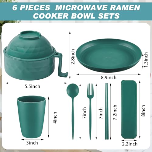 6 Pcs Microwave Ramen Cooker Set 40oz Bowl, Dark Green - color: Dark Green